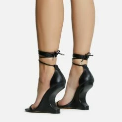 EGO Time-Flies Lace Up Square Toe Cut Out Wedge Heel In Black Faux Leather -EGO Sales Store 30 11 22 fw31856 sq
