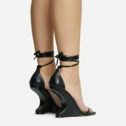 EGO Time-Flies Lace Up Square Toe Cut Out Wedge Heel In Black Faux Leather -EGO Sales Store 30 11 22 fw31857 sq