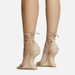 EGO Time-Flies Lace Up Square Toe Cut Out Wedge Heel In Nude Faux Leather -EGO Sales Store 30 11 22 fw31867 sq