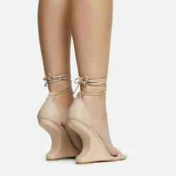 EGO Time-Flies Lace Up Square Toe Cut Out Wedge Heel In Nude Faux Leather -EGO Sales Store 30 11 22 fw31868 sq