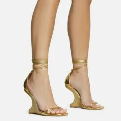 EGO Time-Flies Lace Up Square Toe Cut Out Wedge Heel In Gold Faux Leather