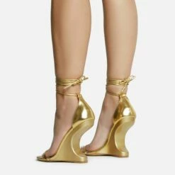 EGO Time-Flies Lace Up Square Toe Cut Out Wedge Heel In Gold Faux Leather -EGO Sales Store 30 11 22 fw31872 sq