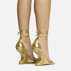 EGO Time-Flies Lace Up Square Toe Cut Out Wedge Heel In Gold Faux Leather -EGO Sales Store 30 11 22 fw31873 sq