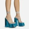 EGO Star-Walker Lace Up Diamante Knotted Strap Detail Extreme Platform Block Heel In Blue Metallic Faux Leather