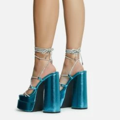EGO Star-Walker Lace Up Diamante Knotted Strap Detail Extreme Platform Block Heel In Blue Metallic Faux Leather -EGO Sales Store 30 11 22 fw31893 sq