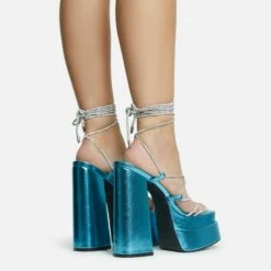 EGO Star-Walker Lace Up Diamante Knotted Strap Detail Extreme Platform Block Heel In Blue Metallic Faux Leather -EGO Sales Store 30 11 22 fw31894 sq