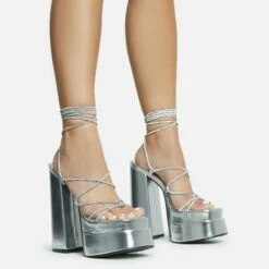 EGO Star-Walker Lace Up Diamante Knotted Strap Detail Extreme Platform Block Heel In Silver Metallic Faux Leather -EGO Sales Store 30 11 22 fw31896 sq