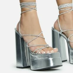 EGO Star-Walker Lace Up Diamante Knotted Strap Detail Extreme Platform Block Heel In Silver Metallic Faux Leather -EGO Sales Store 30 11 22 fw31897 sq