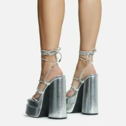 EGO Star-Walker Lace Up Diamante Knotted Strap Detail Extreme Platform Block Heel In Silver Metallic Faux Leather -EGO Sales Store 30 11 22 fw31898 sq