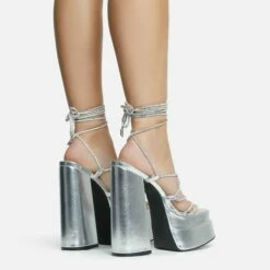 EGO Star-Walker Lace Up Diamante Knotted Strap Detail Extreme Platform Block Heel In Silver Metallic Faux Leather -EGO Sales Store 30 11 22 fw31899 sq