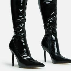 EGO Devoted Pointed Toe Stiletto Heel Over The Knee Thigh High Long Boot In Black Patent -EGO Sales Store 30 11 22 fw31927 sq