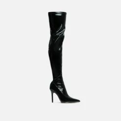 EGO Devoted Pointed Toe Stiletto Heel Over The Knee Thigh High Long Boot In Black Patent -EGO Sales Store 30 11 22 fw31930 sq