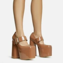 EGO Record Buckle Strap Detail Platform Block Heel In Nude Patent