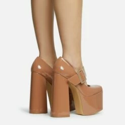 EGO Record Buckle Strap Detail Platform Block Heel In Nude Patent -EGO Sales Store 30 11 22 fw31943 sq