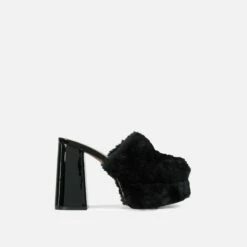 EGO Smoothie Faux Fur Detail Closed Toe Platform Block Heel Mule In Black Patent -EGO Sales Store 30 11 22 fw31986 sq