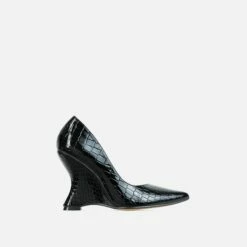 EGO In-Your-Soul Pointed Toe Cut Out Wedge Court Heel In Black Croc Print Faux Leather