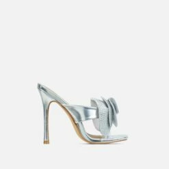 EGO Bouquet Oversized Diamante Rose Detail Thong Strap Square Toe Stiletto Heel Mule In Silver Faux Leather -EGO Sales Store 30 11 22 fw32014 sq