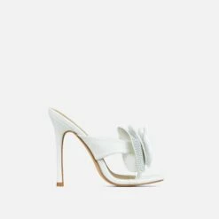 EGO Bouquet Oversized Diamante Rose Detail Thong Strap Square Toe Stiletto Heel Mule In White Faux Leather -EGO Sales Store 30 11 22 fw32016 sq