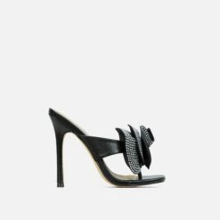 EGO Bouquet Oversized Diamante Rose Detail Thong Strap Square Toe Stiletto Heel Mule In Black Faux Leather -EGO Sales Store 30 11 22 fw32017 sq