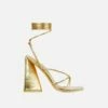 EGO Love-Booth Lace Up Knotted Strap Detail Square Toe Sculptured Flared Block Heel In Gold Faux Leather -EGO Sales Store 30 11 22 fw32031 sq