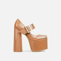 EGO Record Buckle Strap Detail Platform Block Heel In Nude Patent -EGO Sales Store 30 11 22 fw32056 sq