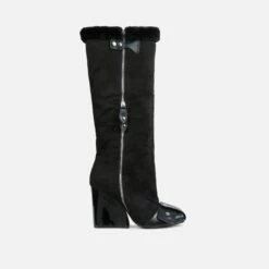 EGO Senna Faux Fur Buckle Detail Square Toe Wedge Heel Knee High Long Boot In Black Faux Suede -EGO Sales Store 30 11 22 fw32060 sq