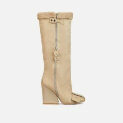 EGO Senna Faux Fur Buckle Detail Square Toe Wedge Heel Knee High Long Boot In Beige Faux Suede -EGO Sales Store 30 11 22 fw32061 sq