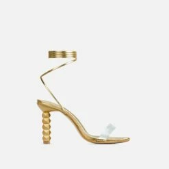 EGO Diamond-Girl Lace Up Clear Perspex Strap Square Toe Statement Thin Block Heel In Gold Faux Leather -EGO Sales Store 30 11 22 fw32074 sq
