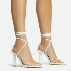 EGO Diamond-Girl Lace Up Clear Perspex Strap Square Toe Statement Thin Block Heel In White Faux Leather