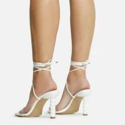 EGO Diamond-Girl Lace Up Clear Perspex Strap Square Toe Statement Thin Block Heel In White Faux Leather -EGO Sales Store 30 11 22 fw33355 sq