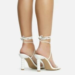 EGO Diamond-Girl Lace Up Clear Perspex Strap Square Toe Statement Thin Block Heel In White Faux Leather -EGO Sales Store 30 11 22 fw33356 sq