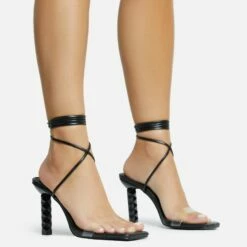 EGO Diamond-Girl Lace Up Clear Perspex Strap Square Toe Statement Thin Block Heel In Black Faux Leather