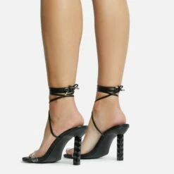 EGO Diamond-Girl Lace Up Clear Perspex Strap Square Toe Statement Thin Block Heel In Black Faux Leather -EGO Sales Store 30 11 22 fw33360 sq