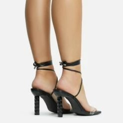 EGO Diamond-Girl Lace Up Clear Perspex Strap Square Toe Statement Thin Block Heel In Black Faux Leather -EGO Sales Store 30 11 22 fw33361 sq