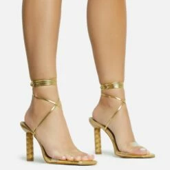 EGO Diamond-Girl Lace Up Clear Perspex Strap Square Toe Statement Thin Block Heel In Gold Faux Leather