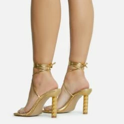 EGO Diamond-Girl Lace Up Clear Perspex Strap Square Toe Statement Thin Block Heel In Gold Faux Leather -EGO Sales Store 30 11 22 fw33365 sq