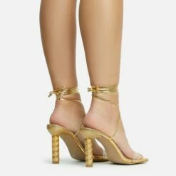 EGO Diamond-Girl Lace Up Clear Perspex Strap Square Toe Statement Thin Block Heel In Gold Faux Leather -EGO Sales Store 30 11 22 fw33366 sq