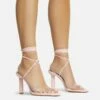 EGO Diamond-Girl Lace Up Clear Perspex Strap Square Toe Statement Thin Block Heel In Pink Faux Leather -EGO Sales Store 30 11 22 fw33370 copy