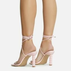 EGO Diamond-Girl Lace Up Clear Perspex Strap Square Toe Statement Thin Block Heel In Pink Faux Leather -EGO Sales Store 30 11 22 fw33373 sq