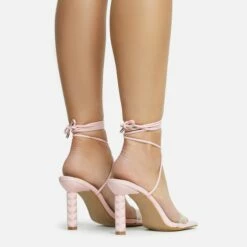 EGO Diamond-Girl Lace Up Clear Perspex Strap Square Toe Statement Thin Block Heel In Pink Faux Leather -EGO Sales Store 30 11 22 fw33374 sq