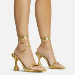 EGO Time-To-Talk Lace Up Strappy Square Toe Statement Heel In Gold Faux Leather