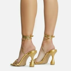EGO Time-To-Talk Lace Up Strappy Square Toe Statement Heel In Gold Faux Leather -EGO Sales Store 30 11 22 fw33393 sq