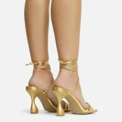 EGO Time-To-Talk Lace Up Strappy Square Toe Statement Heel In Gold Faux Leather -EGO Sales Store 30 11 22 fw33394 sq
