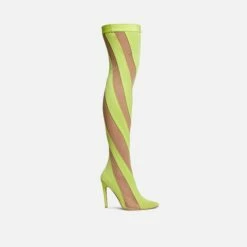 EGO Lilth Wrapped Panel Detail Pointed Toe Stiletto Heel Over The Knee Thigh High Sock Boot In Lime Mesh -EGO Sales Store 30 11 22 fw36266 sq