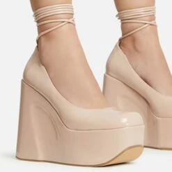 EGO Music-For-My-Ears Lace Up Closed Square Toe Platform Wedge Heel In Nude Patent -EGO Sales Store 30 11 22 fw39647 sq