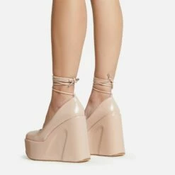 EGO Music-For-My-Ears Lace Up Closed Square Toe Platform Wedge Heel In Nude Patent -EGO Sales Store 30 11 22 fw39648 sq