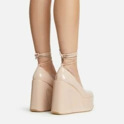 EGO Music-For-My-Ears Lace Up Closed Square Toe Platform Wedge Heel In Nude Patent -EGO Sales Store 30 11 22 fw39649 sq