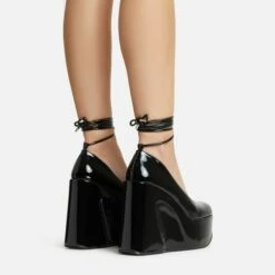 EGO Music-For-My-Ears Lace Up Closed Square Toe Platform Wedge Heel In Black Patent -EGO Sales Store 30 11 22 fw39654 sq