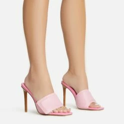 EGO Plush Velcro Strap Detail Square Peep Toe Stiletto Heel Mule In Pink Faux Leather