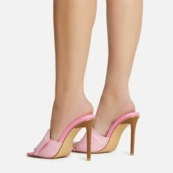 EGO Plush Velcro Strap Detail Square Peep Toe Stiletto Heel Mule In Pink Faux Leather -EGO Sales Store 30 11 22 fw39658 sb